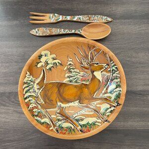 Vintage 50s Wildlife of Birchland Vermont Folk Art Handmade Deer Wood Salad Set